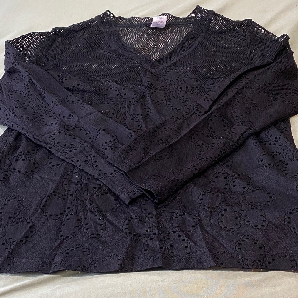 Newport Black Lace-Overlay Long Sleeve V-Neck Top